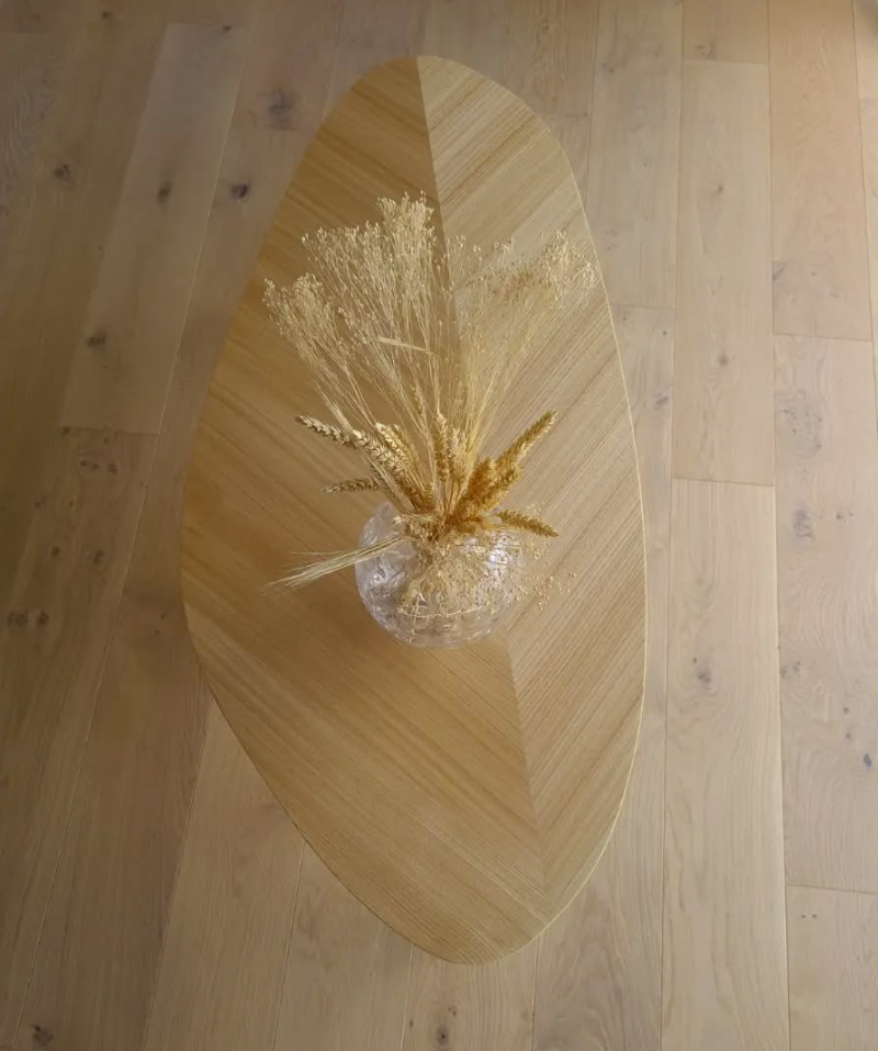 Détail fabrication table basse ASYM - marqueterie